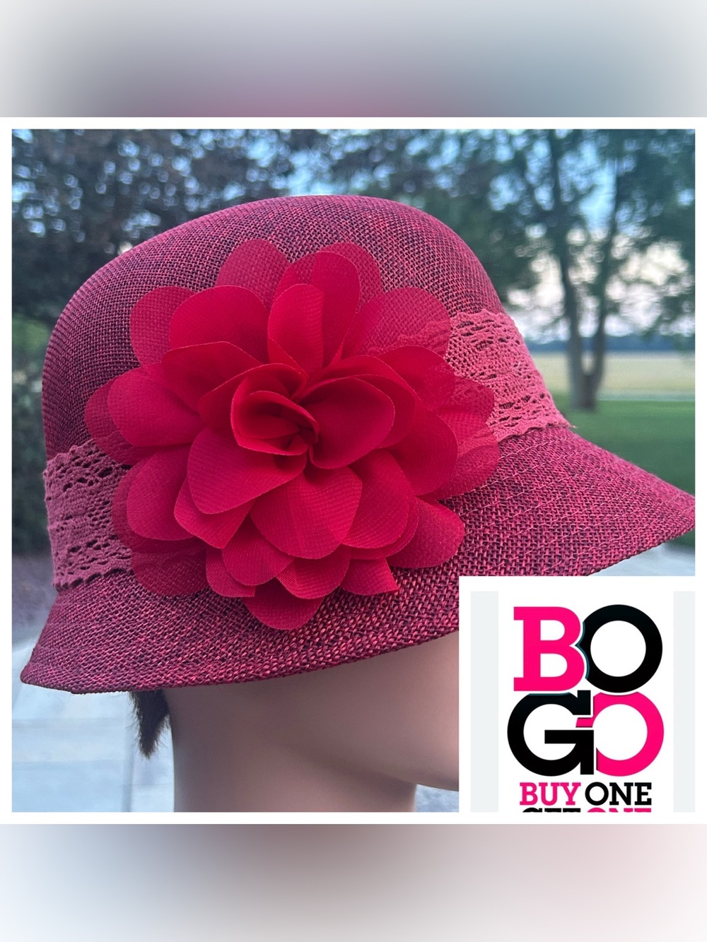 Angela & William Epoch Red Cloche Bucket Hat Linen Blend Adjustable Flower